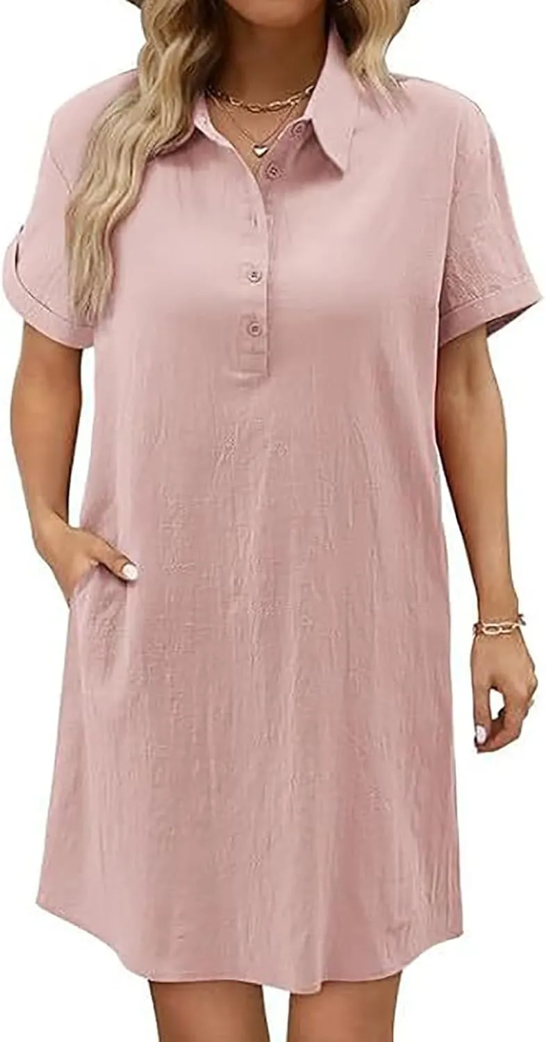 Button Down Dress for Women Cotton Linen Shirt Dress Summer Casual Short Sleeve Beach Cover Up Shirts with Pockets