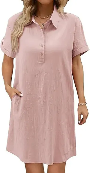 Button Down Dress for Women Cotton Linen Shirt Dress Summer Casual Short Sleeve Beach Cover Up Shirts with Pockets