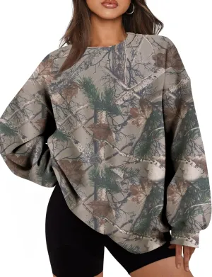 Camo Sweatshirt for Women Mens Oversized Fleece Camouflage Maple Leaf Crewnecks Pullover Tops Hunting Hoodies