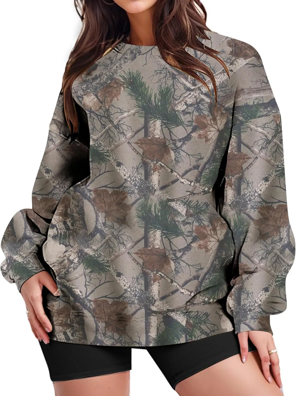 Camo Sweatshirt for Women Mens Oversized Fleece Camouflage Maple Leaf Crewnecks Pullover Tops Hunting Hoodies