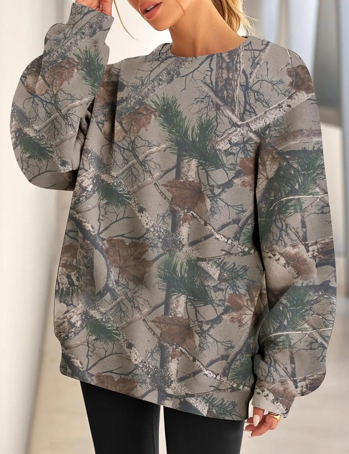 Camo Sweatshirt for Women Mens Oversized Fleece Camouflage Maple Leaf Crewnecks Pullover Tops Hunting Hoodies