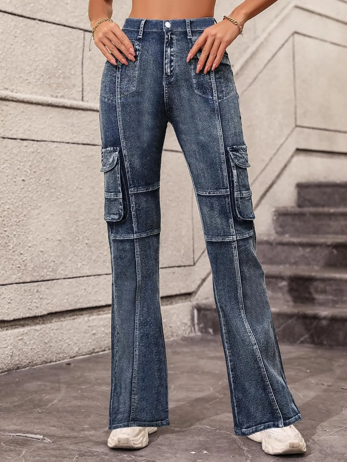 Cargo Jeans for Women High Waisted Curvy Slim Fit Denim Pants Vintage Mom Stretchy Skinny Flare Jeans Streetwear