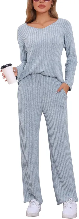 cheibear Womens Ribbed Knit Lounge Set V Neck Sweatsuit Long Sleeve with Wide Leg Pants Sweater Two Piece Outfits