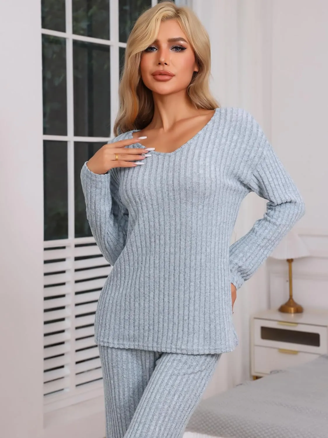 cheibear Womens Ribbed Knit Lounge Set V Neck Sweatsuit Long Sleeve with Wide Leg Pants Sweater Two Piece Outfits