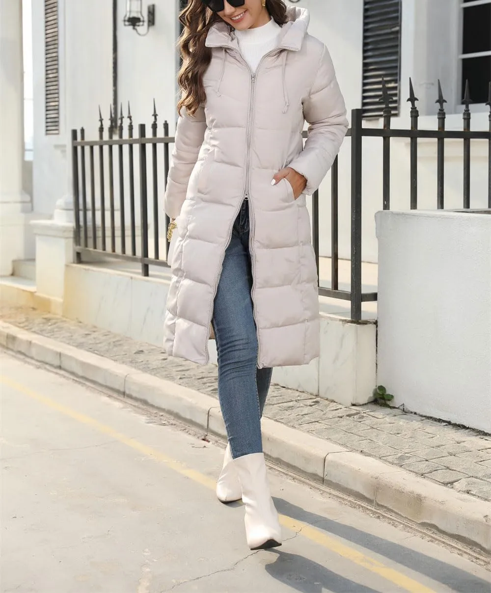 chouyatou Women's Winter Hooded Long Quilted Puffer Trench Coat Zip Up Padded Puffy Down Jacket Outerwear
