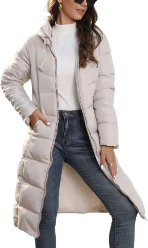 chouyatou Women's Winter Hooded Long Quilted Puffer Trench Coat Zip Up Padded Puffy Down Jacket Outerwear