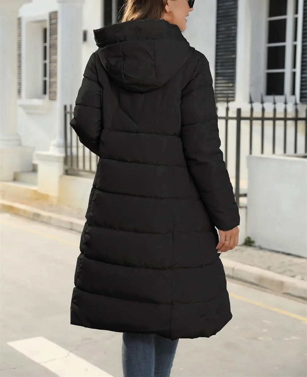 chouyatou Women's Winter Hooded Long Quilted Puffer Trench Coat Zip Up Padded Puffy Down Jacket Outerwear
