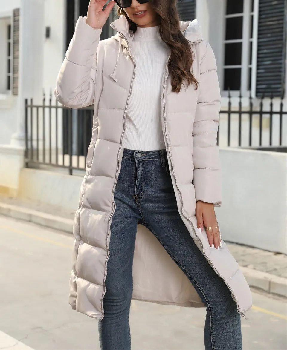 chouyatou Women's Winter Hooded Long Quilted Puffer Trench Coat Zip Up Padded Puffy Down Jacket Outerwear