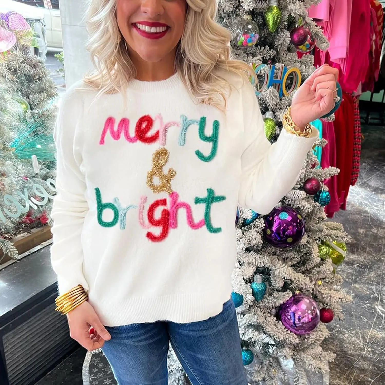 Christmas Sequin Sweatshirts for Women Merry and Bright Letters Pullovers Xmas Long Sleeve Colorful Sweatshirt Tops