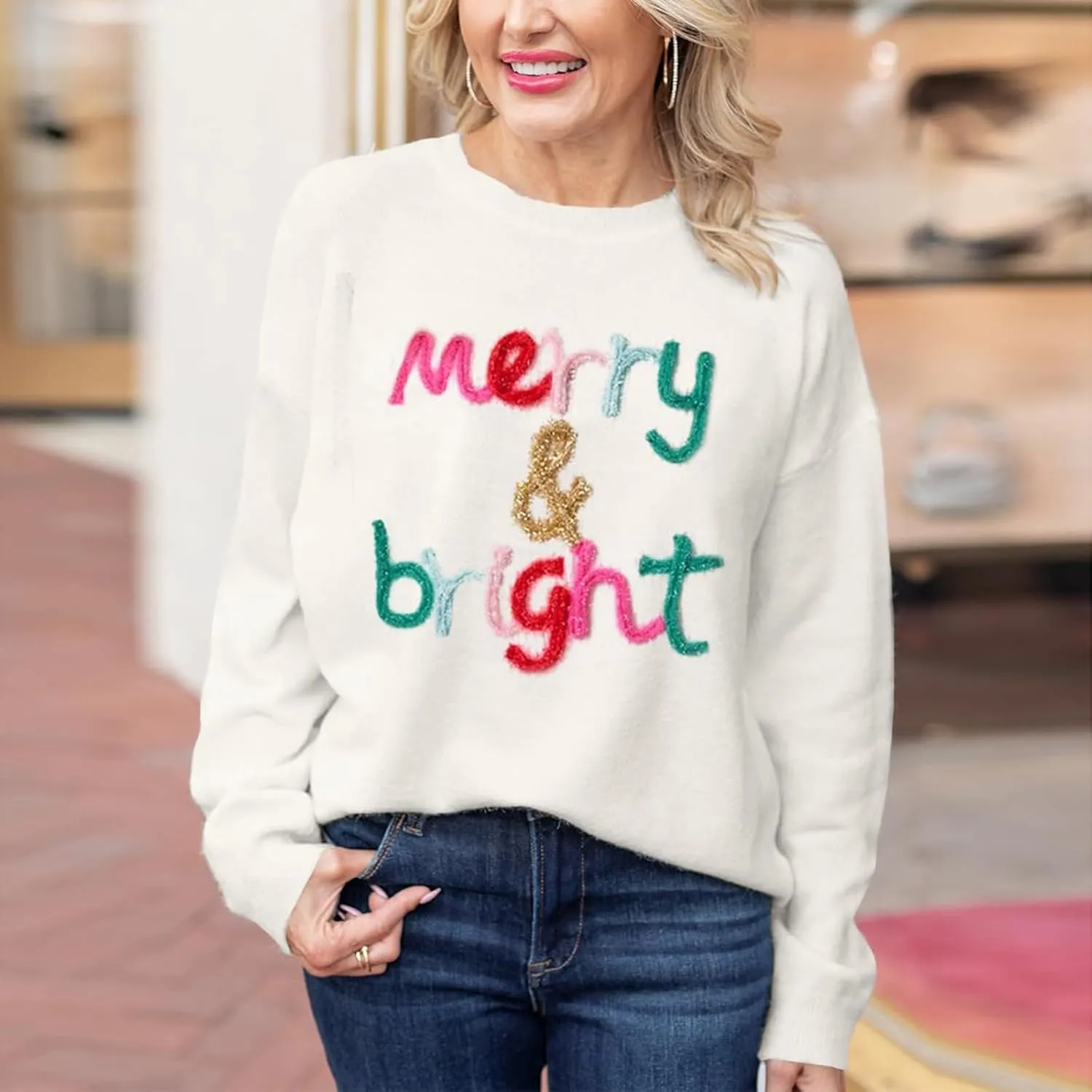 Christmas Sequin Sweatshirts for Women Merry and Bright Letters Pullovers Xmas Long Sleeve Colorful Sweatshirt Tops