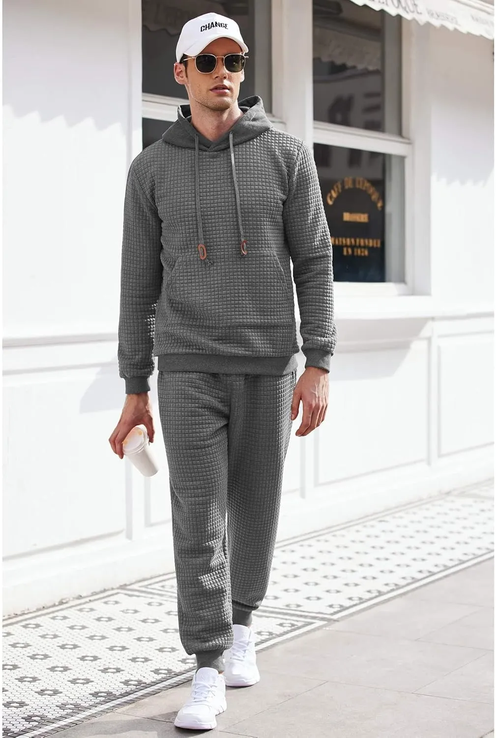 COOFANDY Men's Tracksuit 2 Piece Hoodie Sweatsuit Sets Casual Athletic Jogging Suits Waffle Plaid Jacquard Outfits