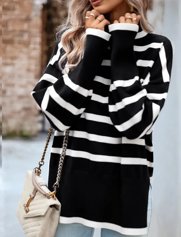 CORIRESHA Women's Oversized Striped Sweater Turtleneck Long Sleeve Split Casual Tunic Thick Knit Pullover