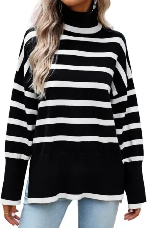 CORIRESHA Women's Oversized Striped Sweater Turtleneck Long Sleeve Split Casual Tunic Thick Knit Pullover