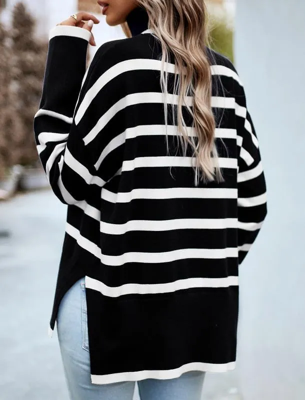 CORIRESHA Women's Oversized Striped Sweater Turtleneck Long Sleeve Split Casual Tunic Thick Knit Pullover