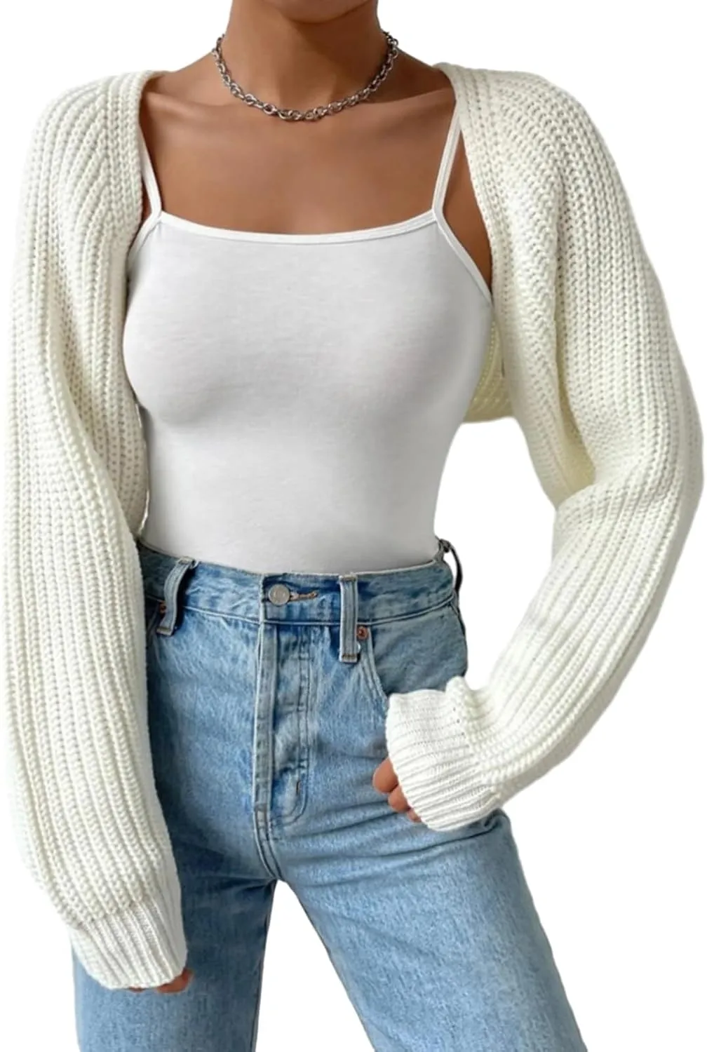 Cropped Bolero Shrug Cardigan for Women Y2K Open Front Ribbed Knit Long Sleeve Sweaters Casual Streetwear