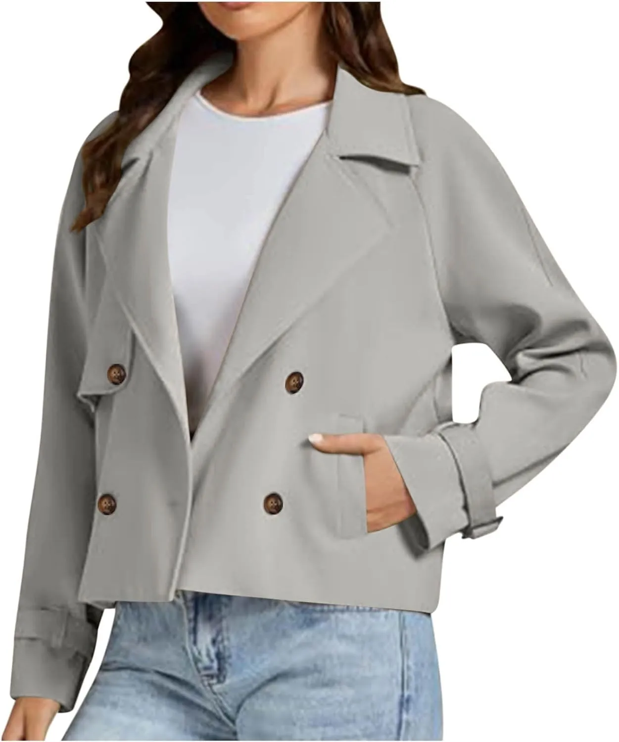 Cropped Trench Coat for Women Long Sleeve Double Breasted Notched Lapel Casual Loose Fit Jackets with Pockets Fall