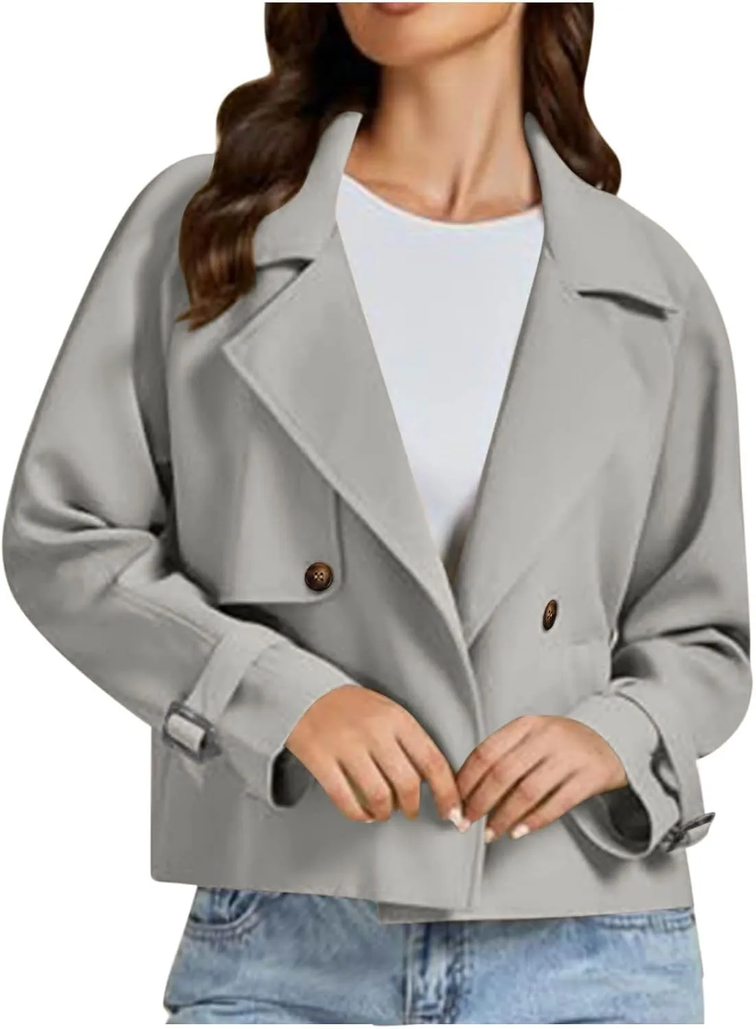 Cropped Trench Coat for Women Long Sleeve Double Breasted Notched Lapel Casual Loose Fit Jackets with Pockets Fall