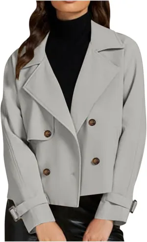 Cropped Trench Coat for Women Long Sleeve Double Breasted Notched Lapel Casual Loose Fit Jackets with Pockets Fall