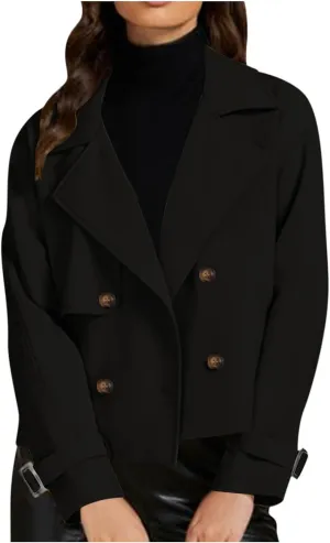 Cropped Trench Coat for Women Long Sleeve Double Breasted Notched Lapel Casual Loose Fit Jackets with Pockets Fall