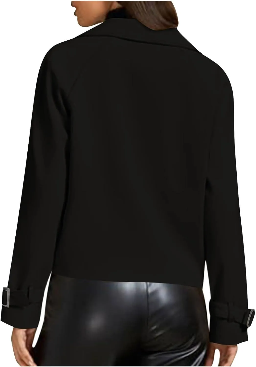 Cropped Trench Coat for Women Long Sleeve Double Breasted Notched Lapel Casual Loose Fit Jackets with Pockets Fall