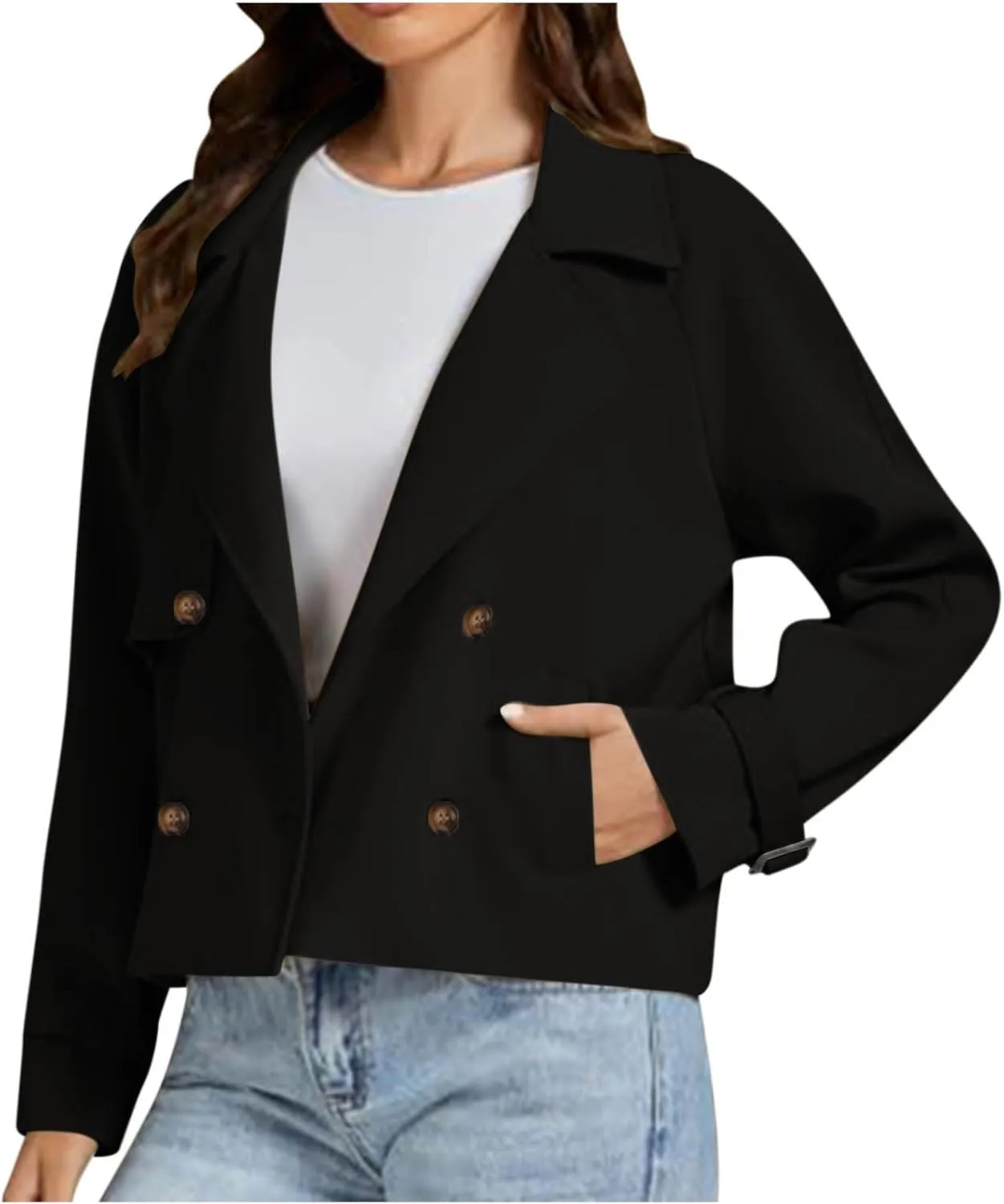 Cropped Trench Coat for Women Long Sleeve Double Breasted Notched Lapel Casual Loose Fit Jackets with Pockets Fall