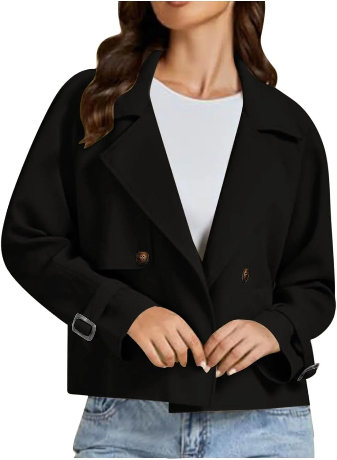 Cropped Trench Coat for Women Long Sleeve Double Breasted Notched Lapel Casual Loose Fit Jackets with Pockets Fall