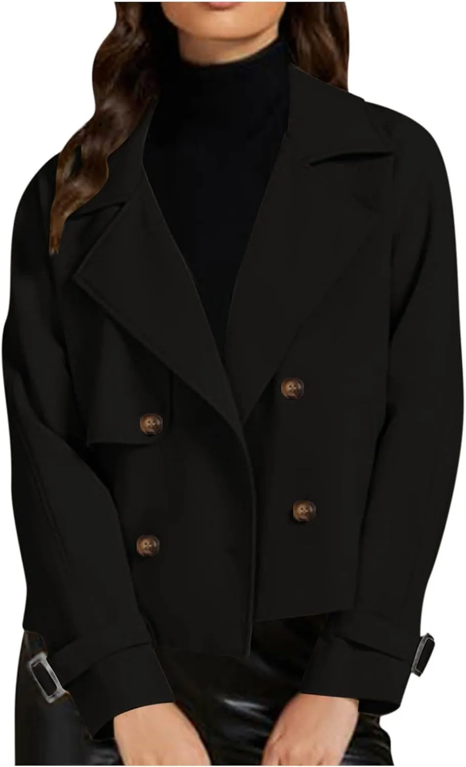 Cropped Trench Coat for Women Long Sleeve Double Breasted Notched Lapel Casual Loose Fit Jackets with Pockets Fall