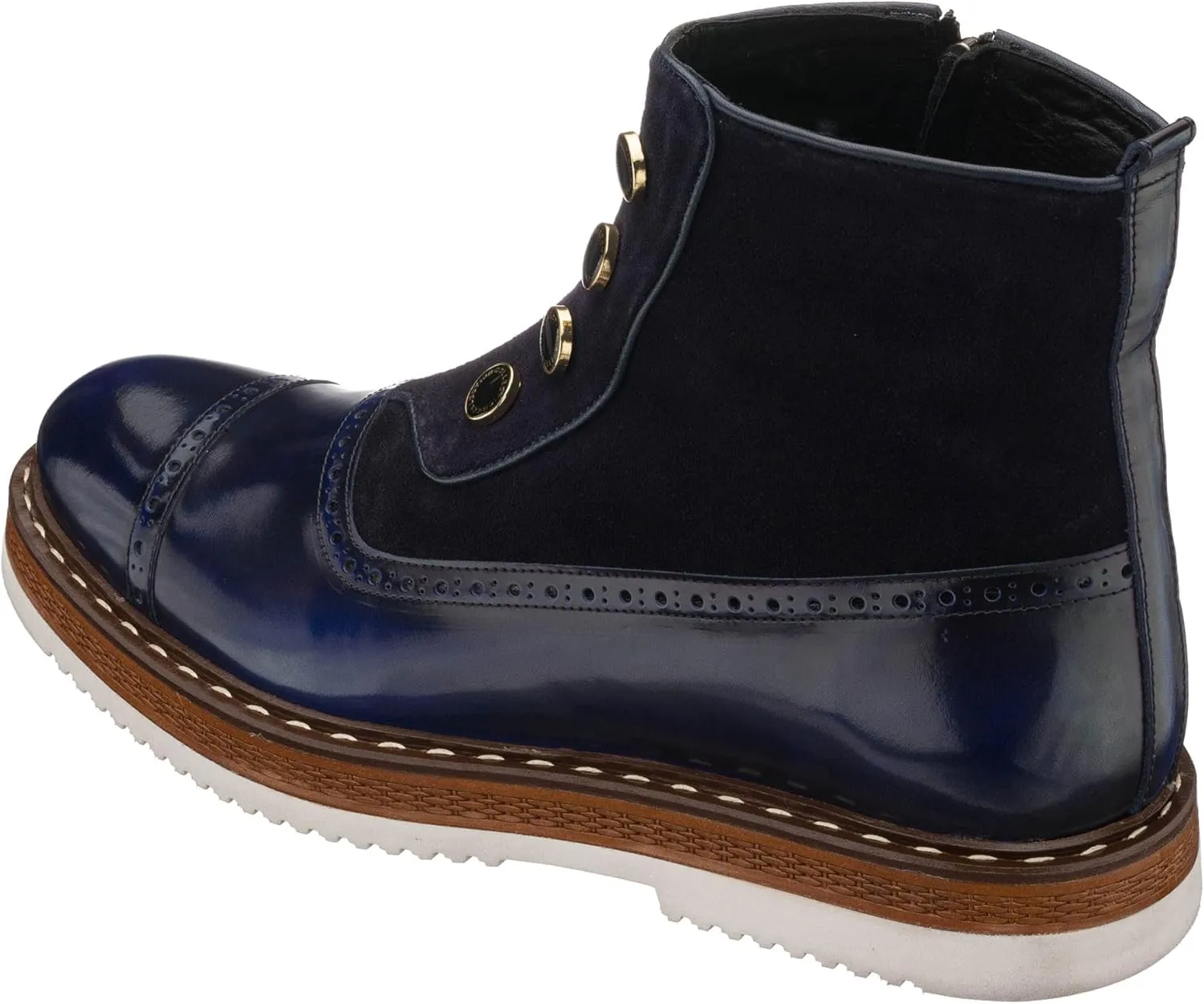 DALGLA Men's Navy Blue Leather Cap Toe Button Handmade Boots Oxford Dress Boots Wingtip Boots Ankle Dress Fashion Boots Balmoral Boots for Men