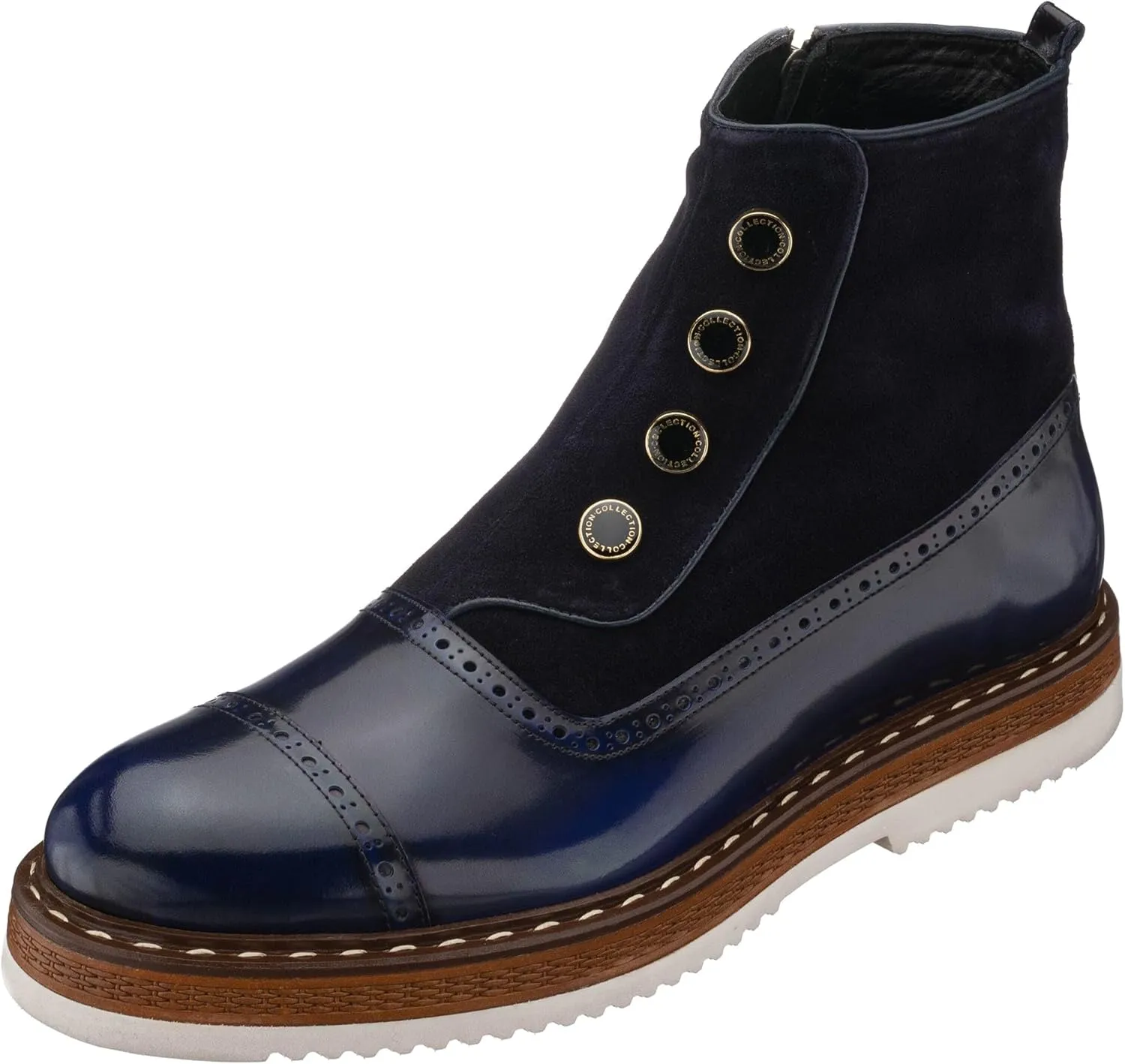 DALGLA Men's Navy Blue Leather Cap Toe Button Handmade Boots Oxford Dress Boots Wingtip Boots Ankle Dress Fashion Boots Balmoral Boots for Men