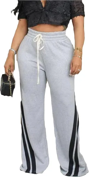 DINGANG High Waisted Casual Sweatpants Women Loose Wide Leg Elastic Waist Drawstring Cargo Striped Sweat Pants