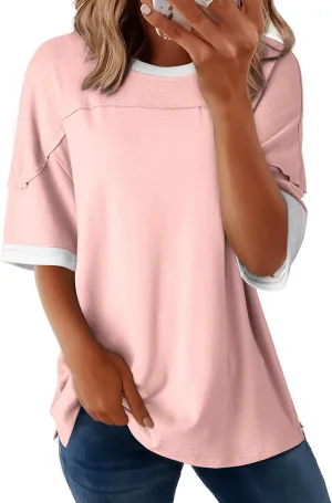 Dokotoo Summer Tops for Women 2025 Loose Oversized T Shirts Crewneck Color Block Side Slits Basic Tee Blouses