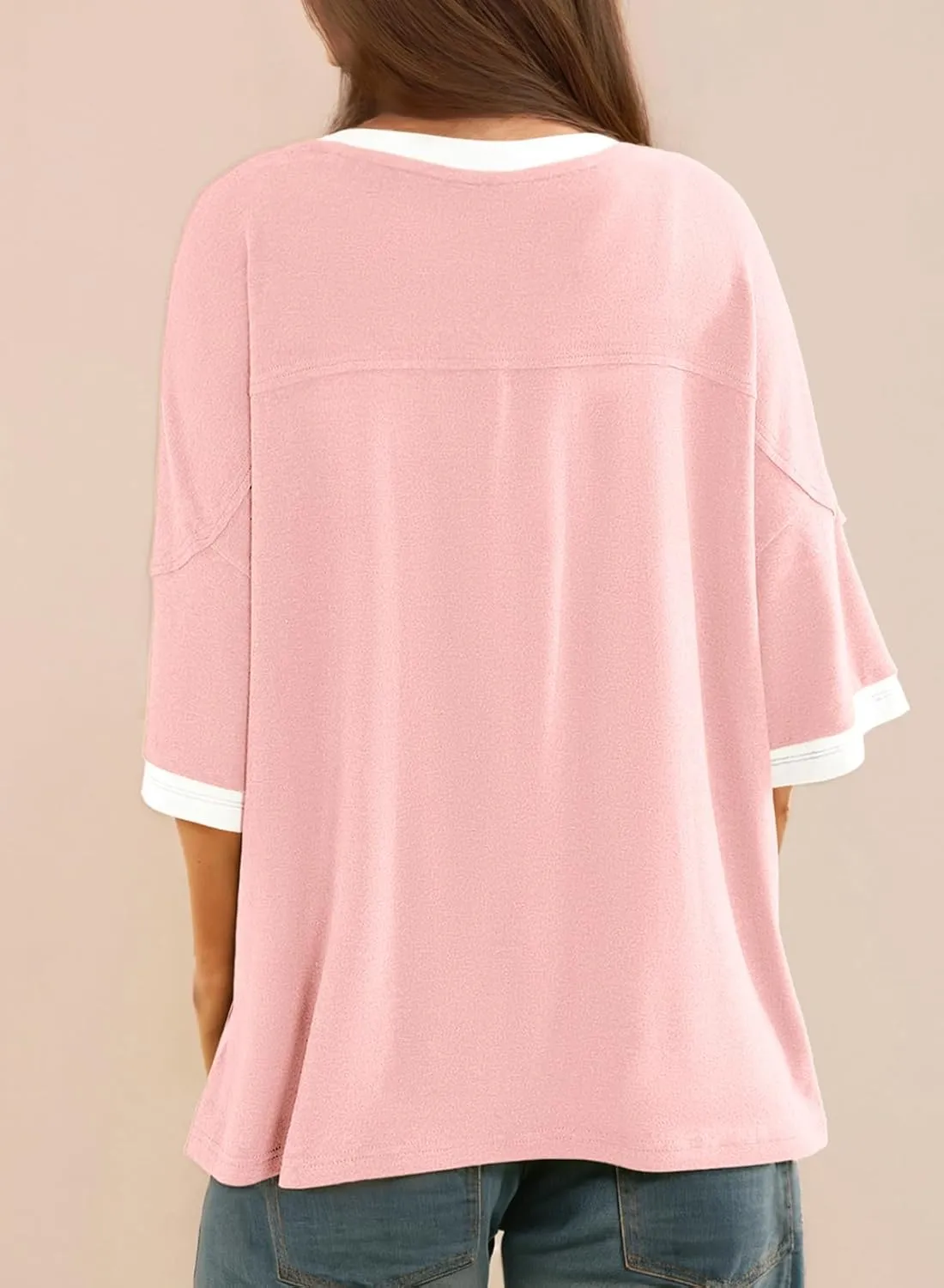 Dokotoo Summer Tops for Women 2025 Loose Oversized T Shirts Crewneck Color Block Side Slits Basic Tee Blouses