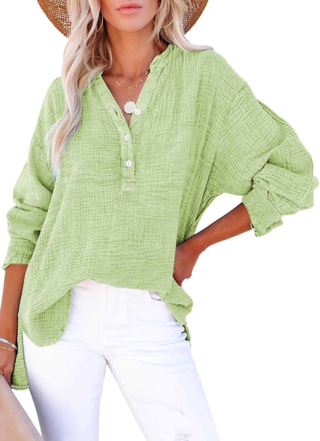 Dokotoo Womens Casual Button V Neck Long Sleeve Shirts Oversized Solid Blouses Tops