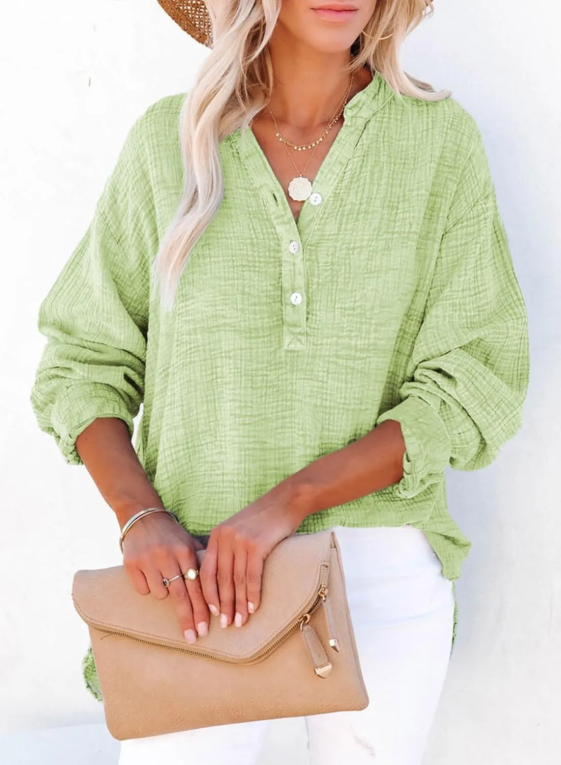 Dokotoo Womens Casual Button V Neck Long Sleeve Shirts Oversized Solid Blouses Tops