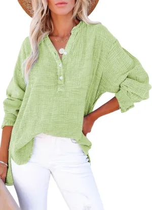 Dokotoo Womens Casual Button V Neck Long Sleeve Shirts Oversized Solid Blouses Tops