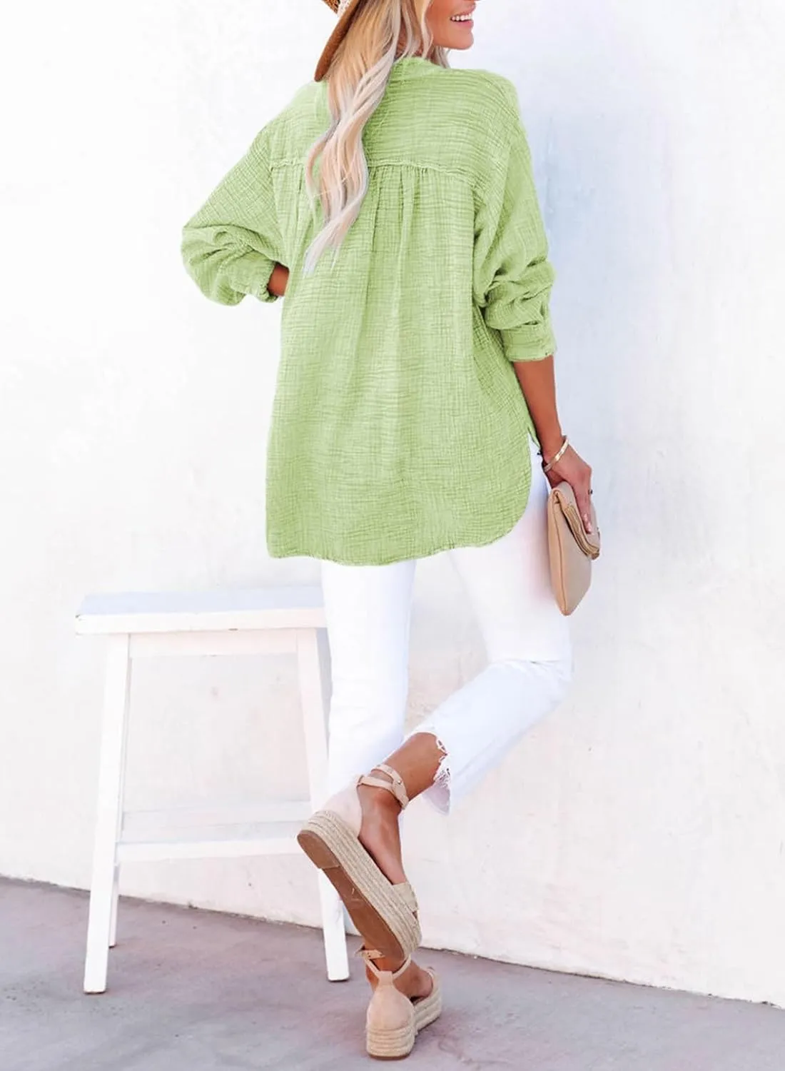 Dokotoo Womens Casual Button V Neck Long Sleeve Shirts Oversized Solid Blouses Tops