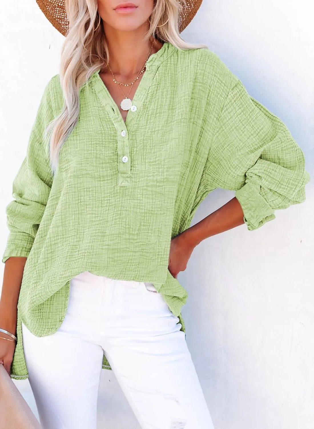 Dokotoo Womens Casual Button V Neck Long Sleeve Shirts Oversized Solid Blouses Tops