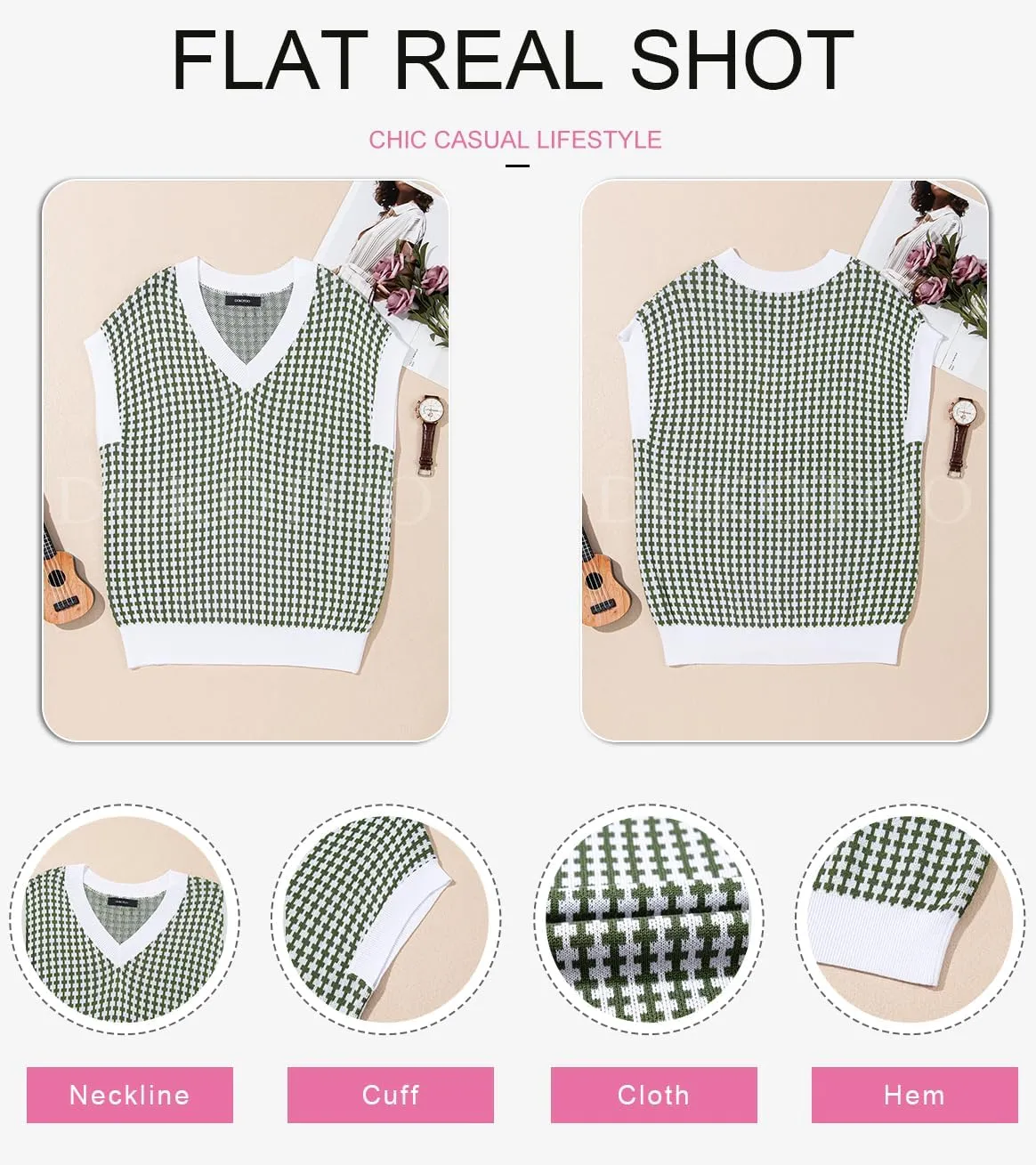 Dokotoo Womens Casual Summer Tops V Neck Short Sleeve Plaid Knit Vest Loose Fit Pullover Sweaters Blouses