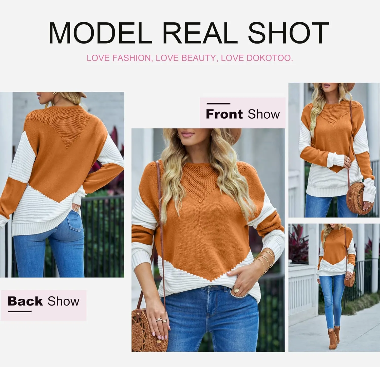 Dokotoo Womens Crochet Crewneck Long Sleeve Pullovers Color Block Tunic Ribbed Sweaters Jumper Tops