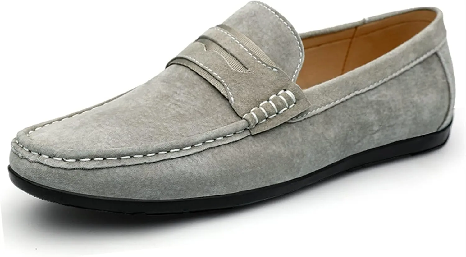 Driving Moccasins for Men Genuine Leather Penny Loafer Suede Vamp Stitching Details Round Toe Lightweight Flat Heel Flexible Walking Slip on for Any Attire