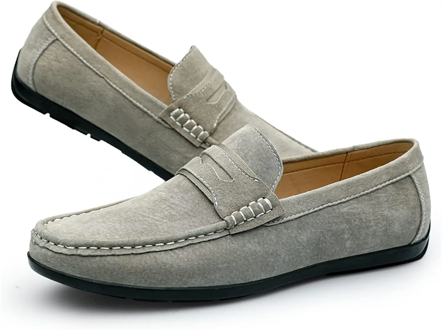 Driving Moccasins for Men Genuine Leather Penny Loafer Suede Vamp Stitching Details Round Toe Lightweight Flat Heel Flexible Walking Slip on for Any Attire