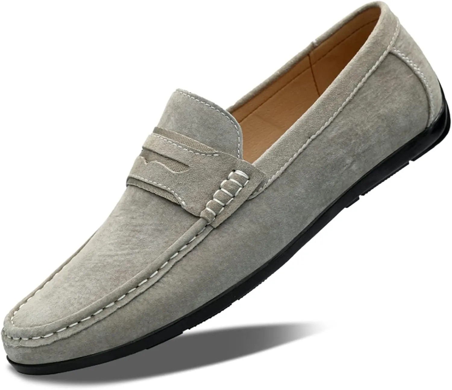 Driving Moccasins for Men Genuine Leather Penny Loafer Suede Vamp Stitching Details Round Toe Lightweight Flat Heel Flexible Walking Slip on for Any Attire