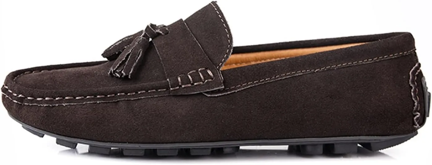 Driving Moccasins for Men Genuine Leather Tassel Stitching Details Round Toe Suede Vamp Flexible Lightweight Resistant Anti-Slip Flat Heel Driving for Any Attire