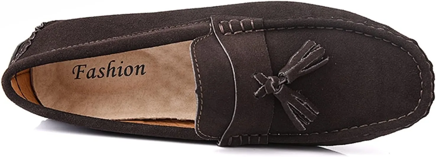 Driving Moccasins for Men Genuine Leather Tassel Stitching Details Round Toe Suede Vamp Flexible Lightweight Resistant Anti-Slip Flat Heel Driving for Any Attire