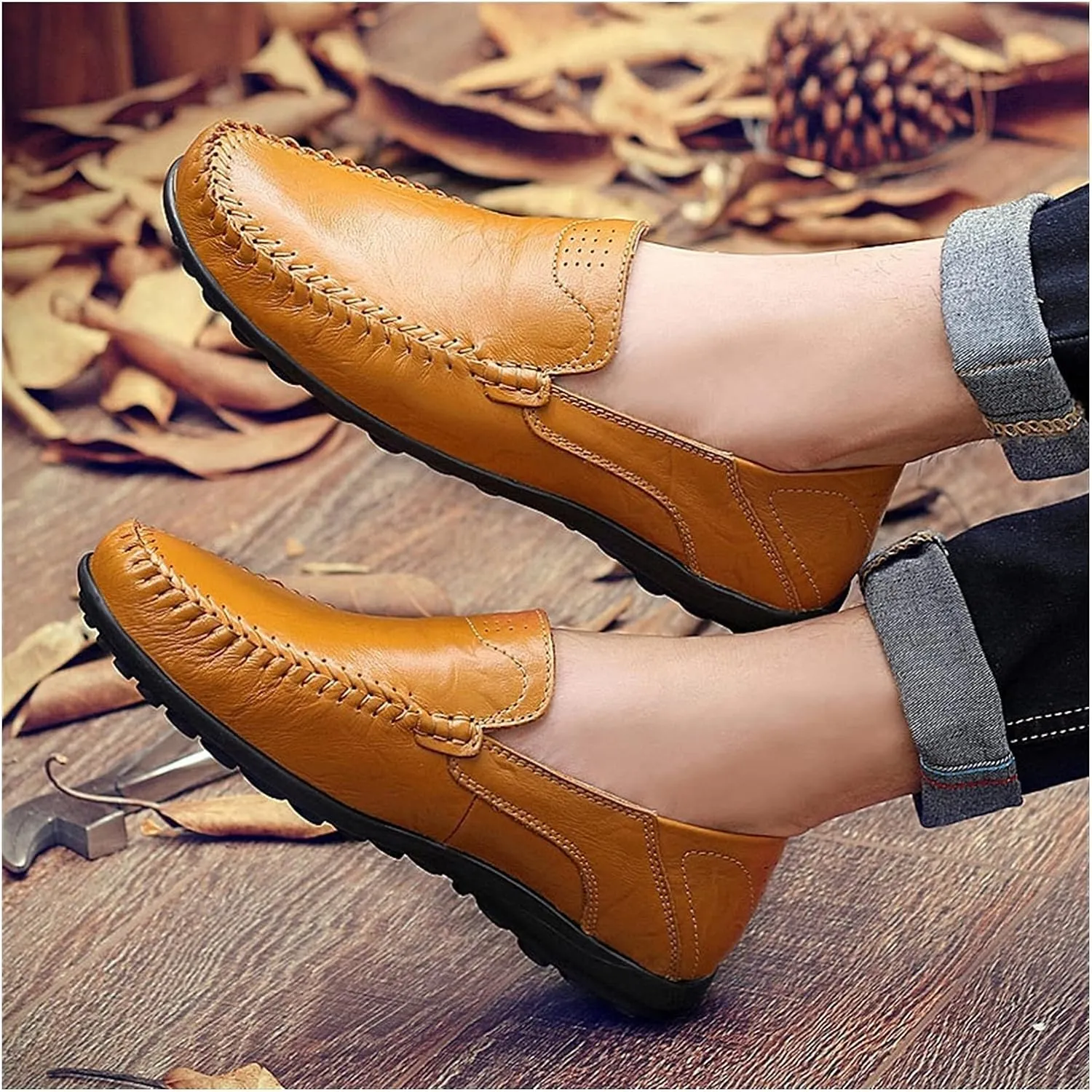 Driving Moccasins Smoking Loafer for Men Genuine Leather Round Toe Stitching Details Breathable Lightweight Flexible Flat Heel Resistant Outdoor for Any Attire