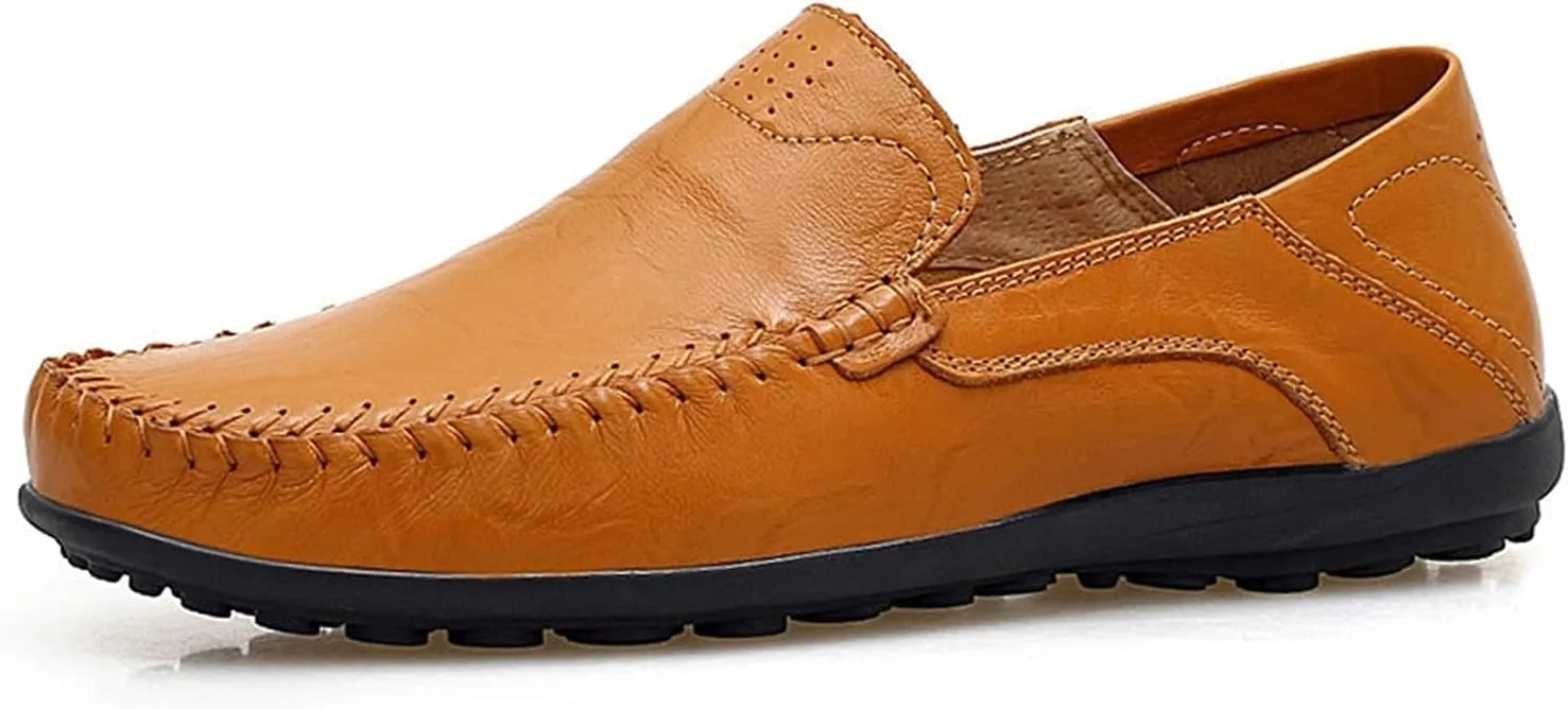 Driving Moccasins Smoking Loafer for Men Genuine Leather Round Toe Stitching Details Breathable Lightweight Flexible Flat Heel Resistant Outdoor for Any Attire