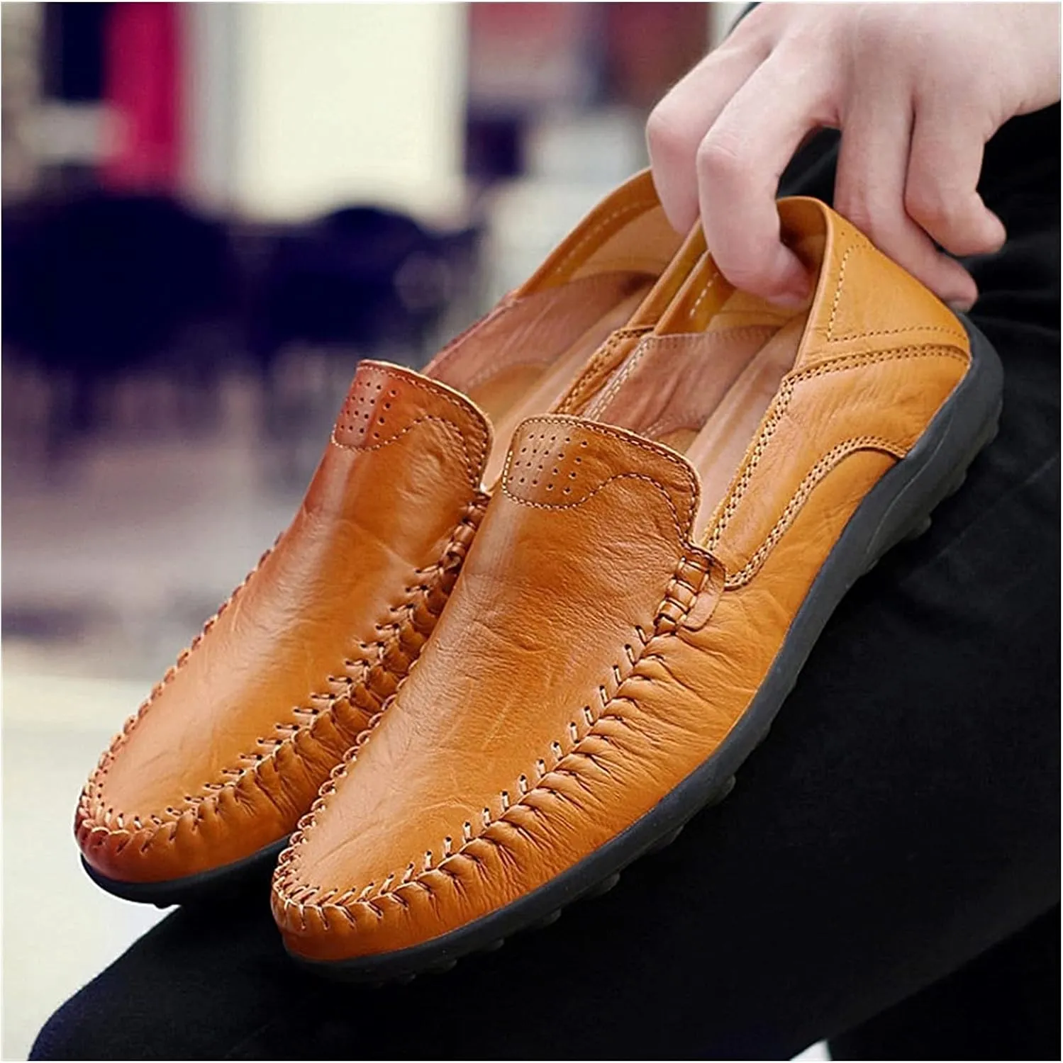 Driving Moccasins Smoking Loafer for Men Genuine Leather Round Toe Stitching Details Breathable Lightweight Flexible Flat Heel Resistant Outdoor for Any Attire