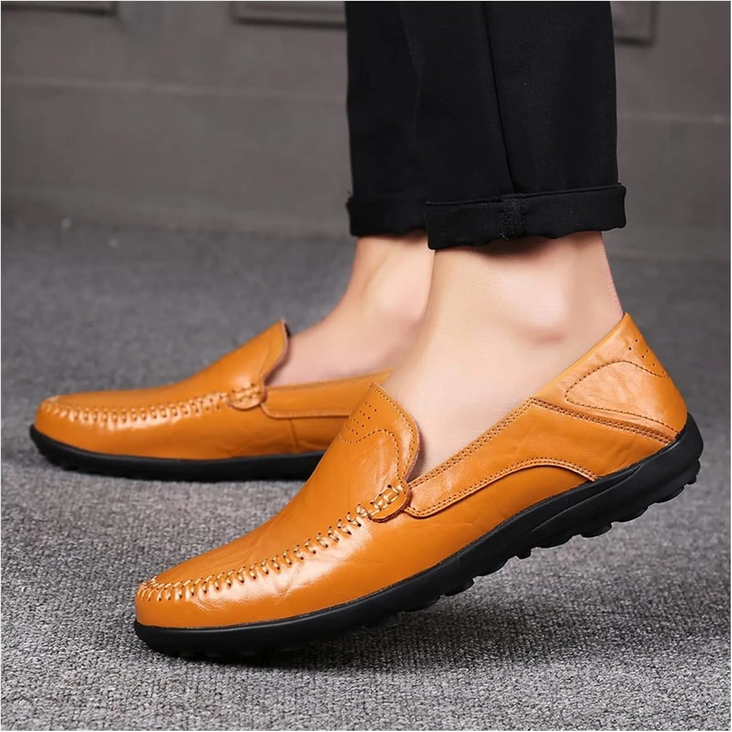 Driving Moccasins Smoking Loafer for Men Genuine Leather Round Toe Stitching Details Breathable Lightweight Flexible Flat Heel Resistant Outdoor for Any Attire