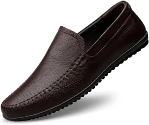 Driving Moccasins Smoking Loafer for Men Genuine Leather Stitching Details Round Toe Rubber Sole Flat Heel Anti-Slip Resistant Outdoor Slip on for Any Attire