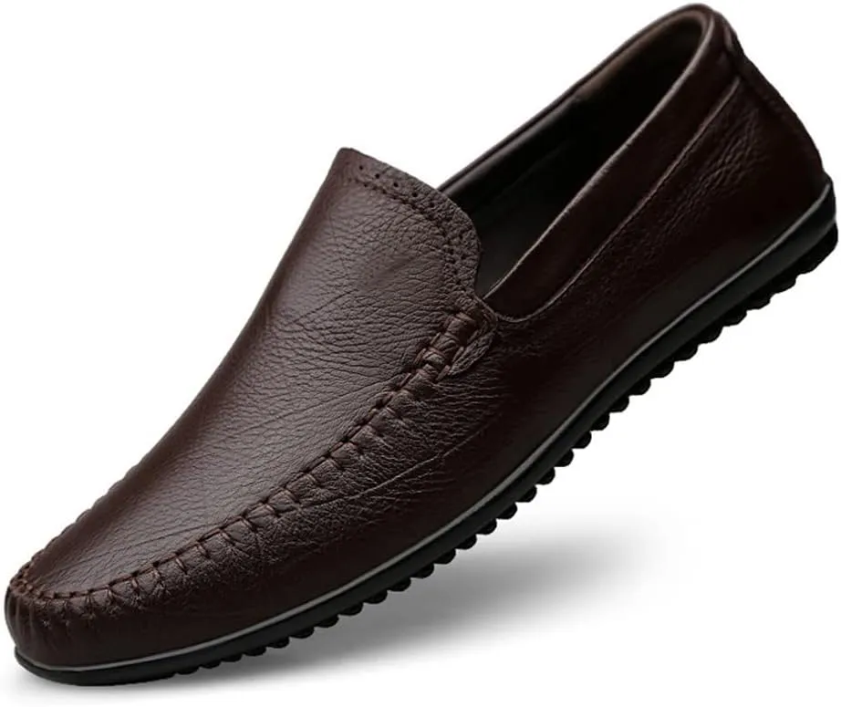 Driving Moccasins Smoking Loafer for Men Genuine Leather Stitching Details Round Toe Rubber Sole Flat Heel Anti-Slip Resistant Outdoor Slip on for Any Attire